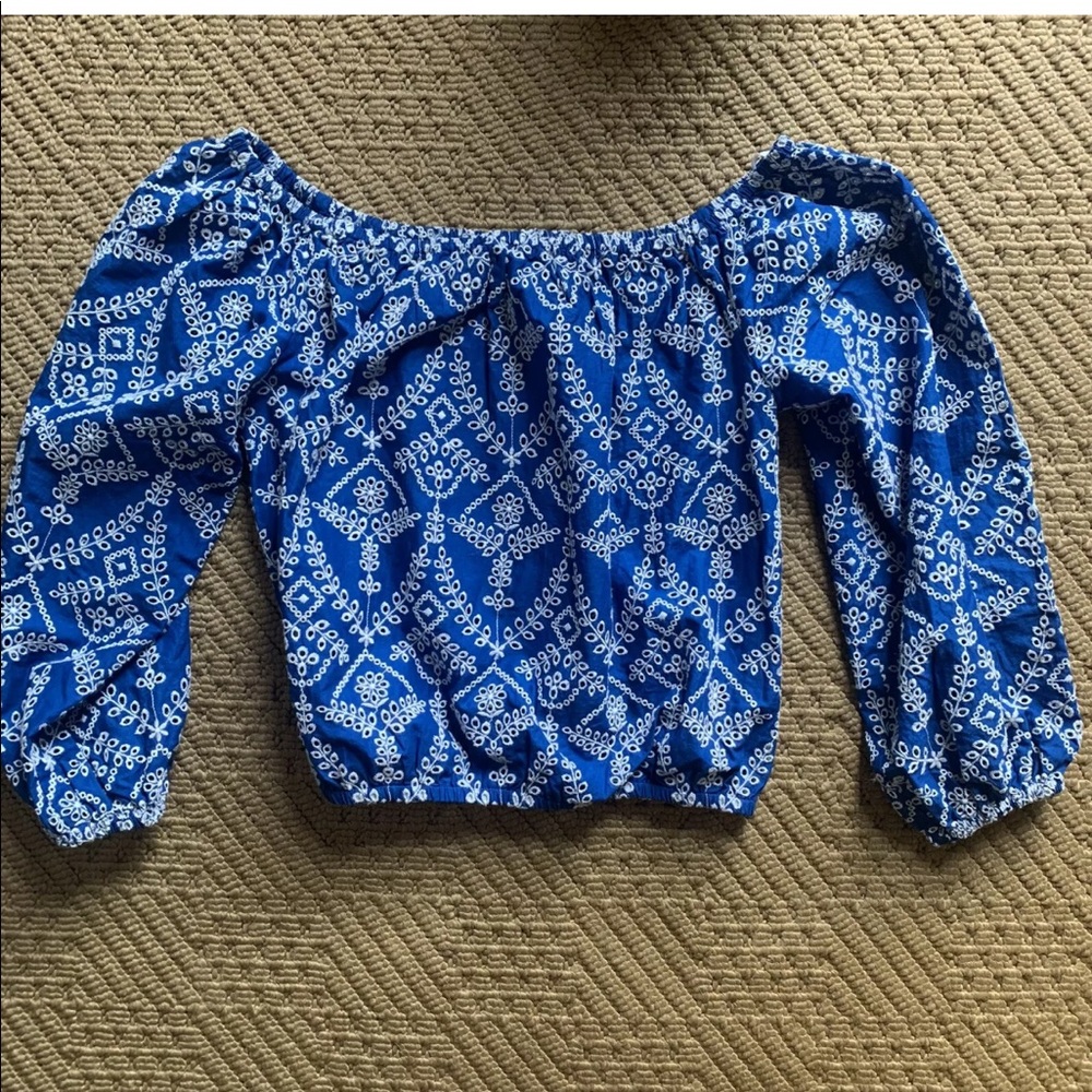 Bright Blue Eyelet Off the Shoulder Bubble Top - Picture 4 of 5